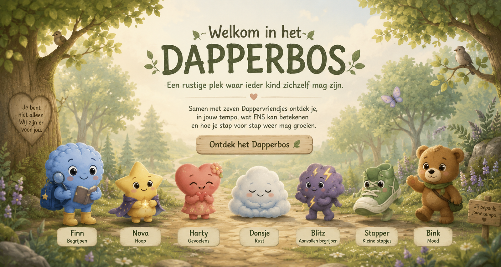 Finn en zijn vriendjes verwelkomen kinderen in het Dapperbos